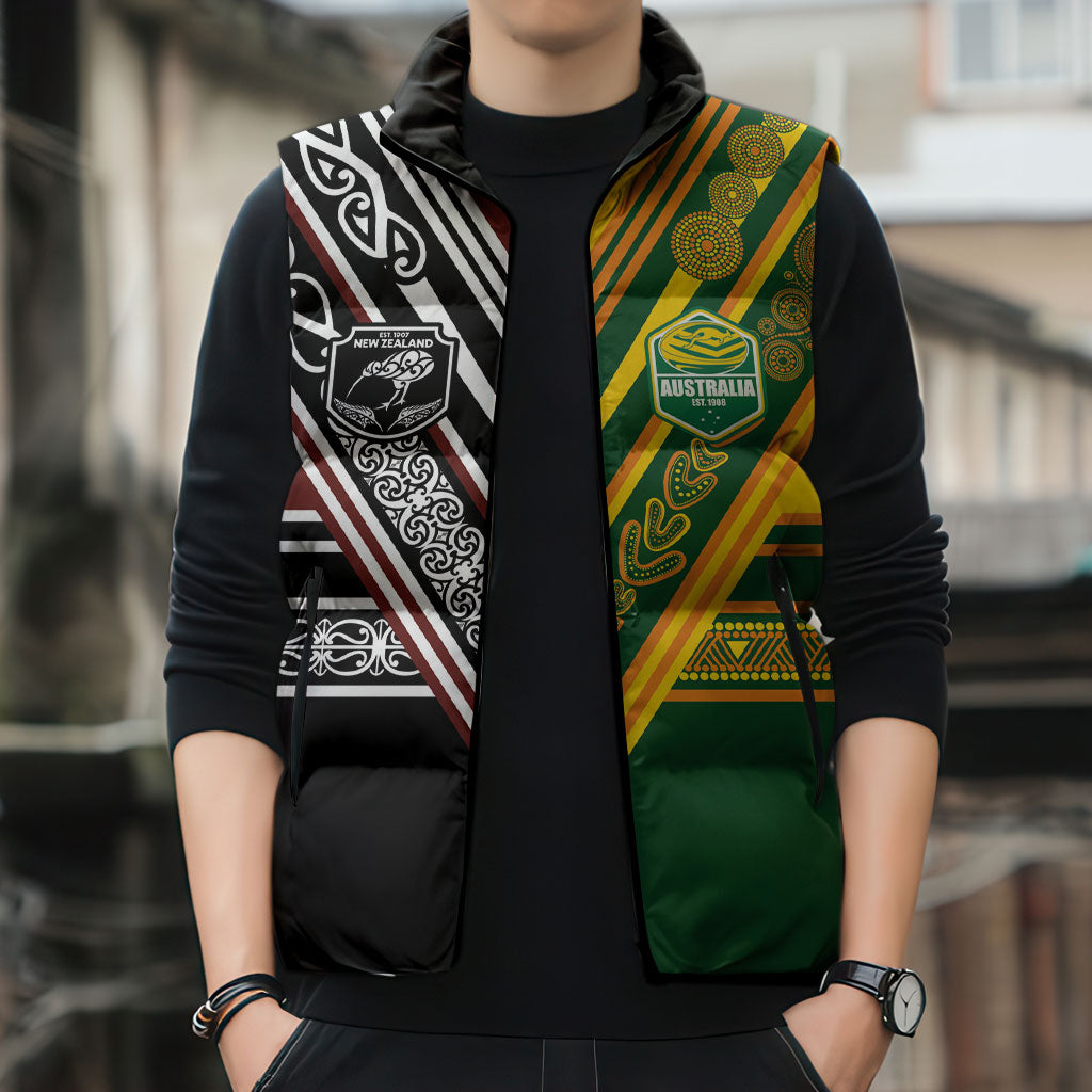 Custom Rugby New Zealand and Australia Sleeveless Puffer Jacket Burgundy Koru Geometric with Aboriginal Chevron Sport Style
