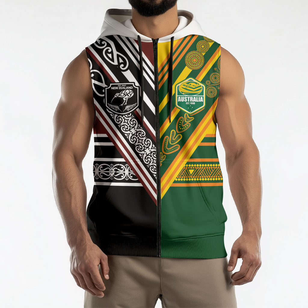 Custom Rugby New Zealand and Australia Sleeveless Zip Hoodie Burgundy Koru Geometric with Aboriginal Chevron Sport Style