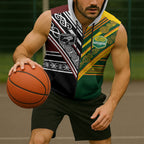 Custom Rugby New Zealand and Australia Sleeveless Zip Hoodie Burgundy Koru Geometric with Aboriginal Chevron Sport Style