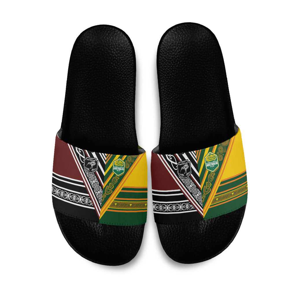 Rugby New Zealand and Australia Slide Sandals Burgundy Koru Geometric with Aboriginal Chevron Sport Style
