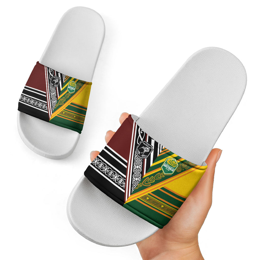 Rugby New Zealand and Australia Slide Sandals Burgundy Koru Geometric with Aboriginal Chevron Sport Style