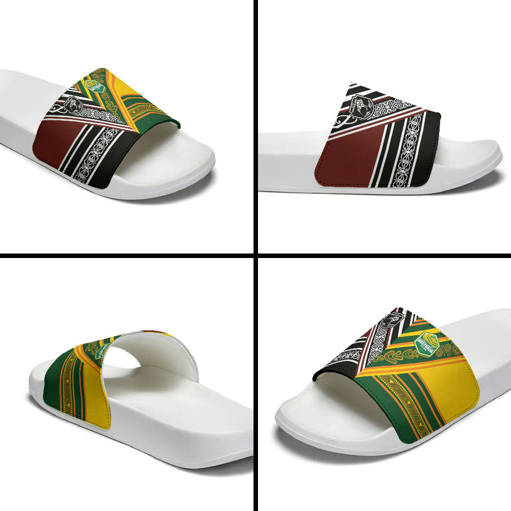 Rugby New Zealand and Australia Slide Sandals Burgundy Koru Geometric with Aboriginal Chevron Sport Style