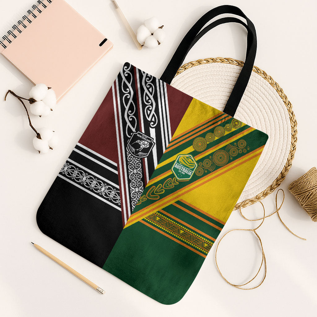 Rugby New Zealand and Australia Tote Bag Burgundy Koru Geometric with Aboriginal Chevron Sport Style