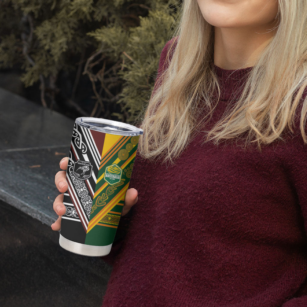 Rugby New Zealand and Australia Tumbler Cup Burgundy Koru Geometric with Aboriginal Chevron Sport Style