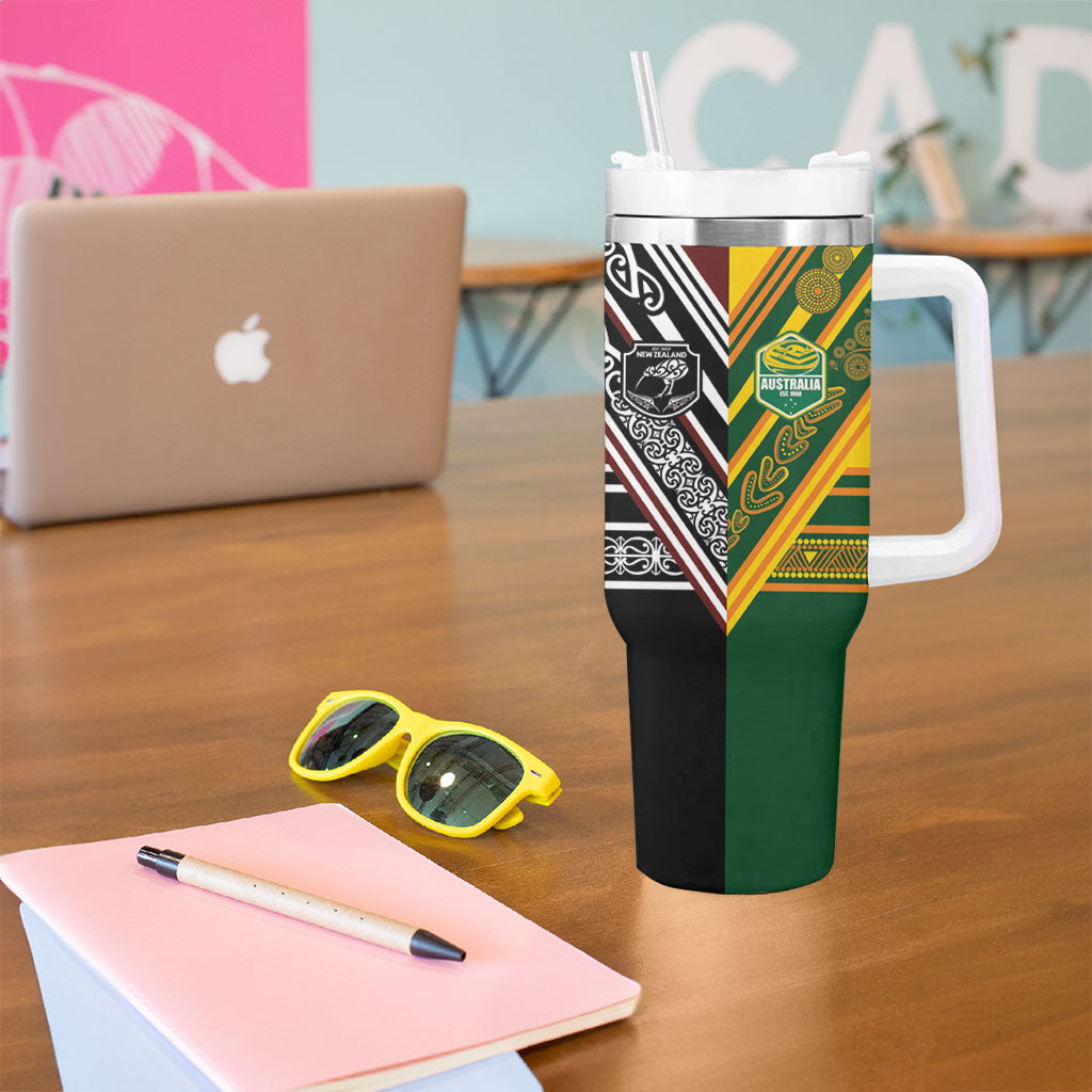 Rugby New Zealand and Australia Tumbler With Handle Burgundy Koru Geometric with Aboriginal Chevron Sport Style