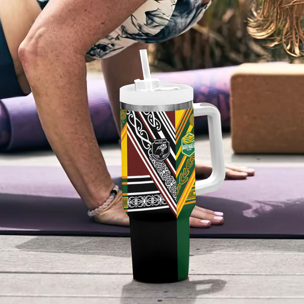 Rugby New Zealand and Australia Tumbler With Handle Burgundy Koru Geometric with Aboriginal Chevron Sport Style