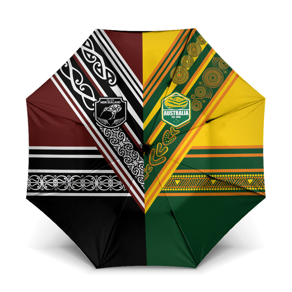 Rugby New Zealand and Australia Umbrella Burgundy Koru Geometric with Aboriginal Chevron Sport Style
