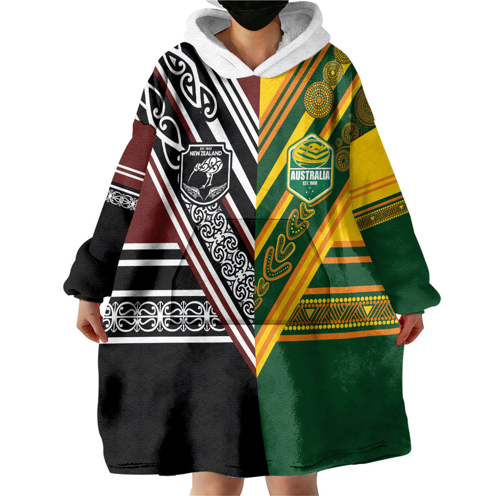 Custom Rugby New Zealand and Australia Wearable Blanket Hoodie Burgundy Koru Geometric with Aboriginal Chevron Sport Style