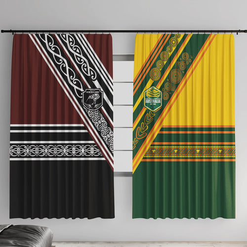 Rugby New Zealand and Australia Window Curtain Burgundy Koru Geometric with Aboriginal Chevron Sport Style