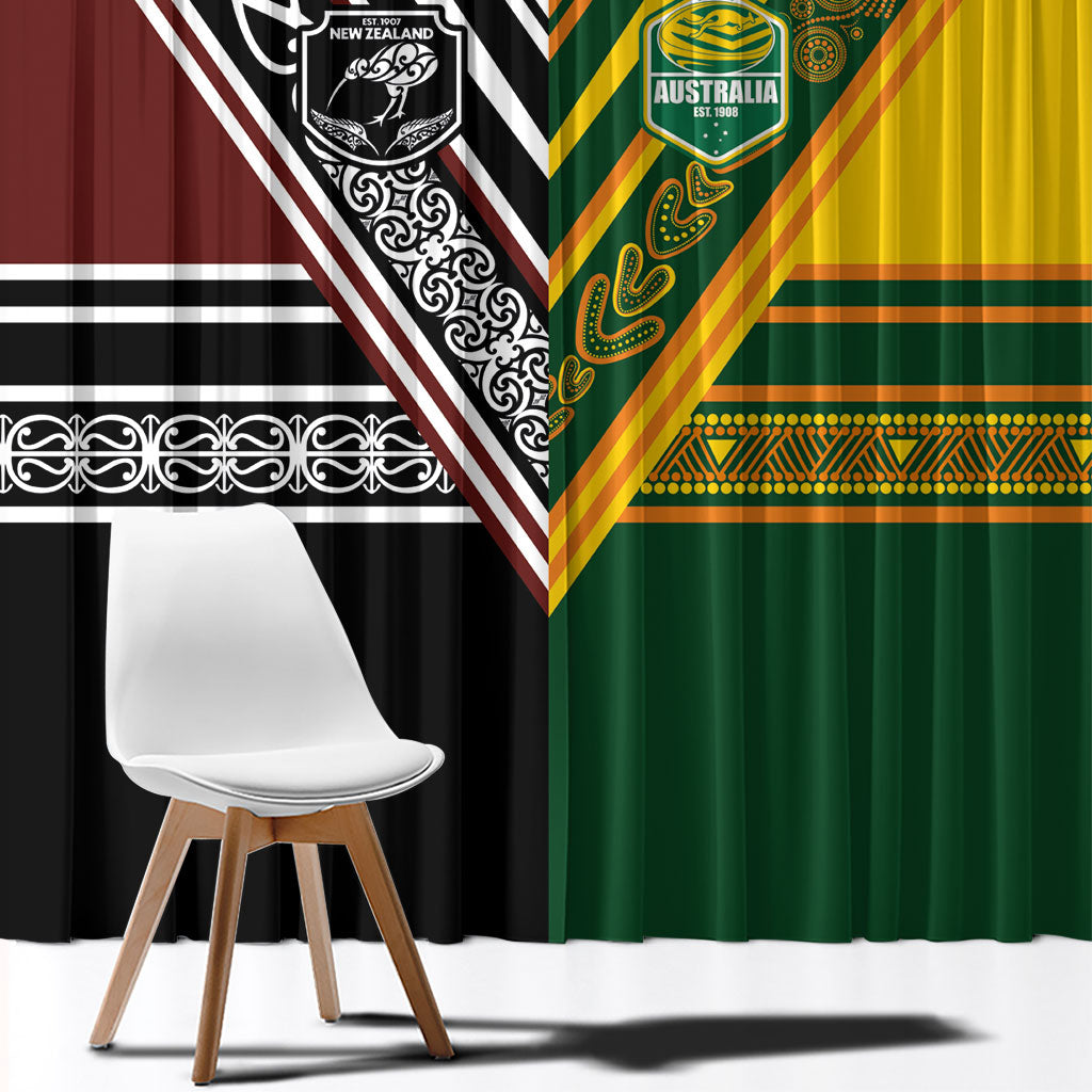Rugby New Zealand and Australia Window Curtain Burgundy Koru Geometric with Aboriginal Chevron Sport Style