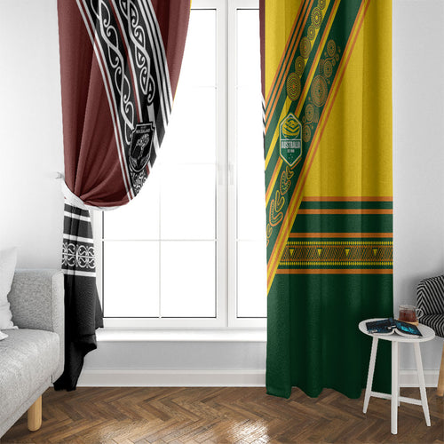Rugby New Zealand and Australia Window Curtain Burgundy Koru Geometric with Aboriginal Chevron Sport Style