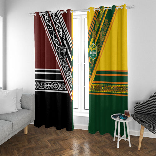Rugby New Zealand and Australia Window Curtain Burgundy Koru Geometric with Aboriginal Chevron Sport Style