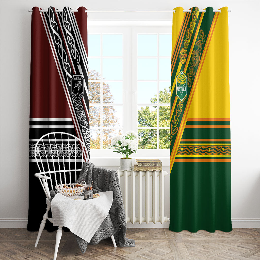Rugby New Zealand and Australia Window Curtain Burgundy Koru Geometric with Aboriginal Chevron Sport Style