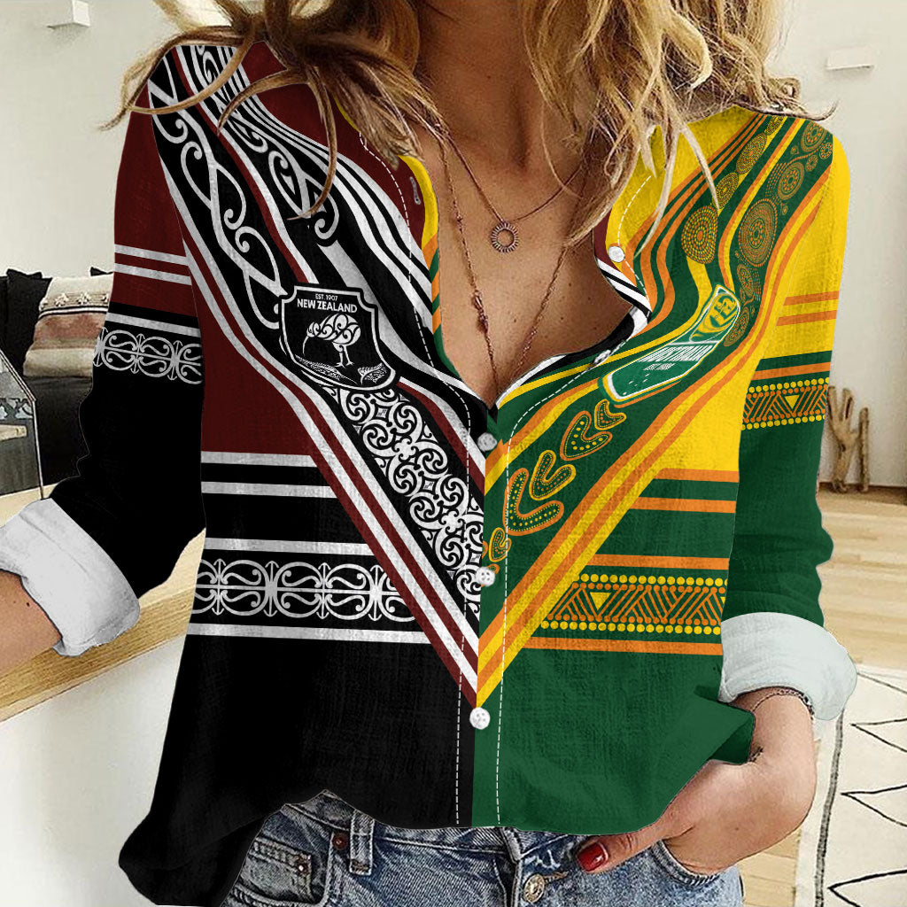 Custom Rugby New Zealand and Australia Women Casual Shirt Burgundy Koru Geometric with Aboriginal Chevron Sport Style