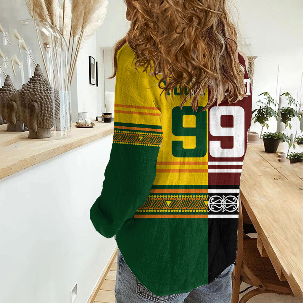 Custom Rugby New Zealand and Australia Women Casual Shirt Burgundy Koru Geometric with Aboriginal Chevron Sport Style