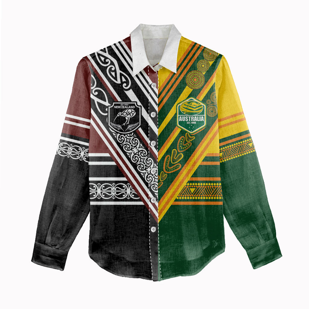 Custom Rugby New Zealand and Australia Women Casual Shirt Burgundy Koru Geometric with Aboriginal Chevron Sport Style