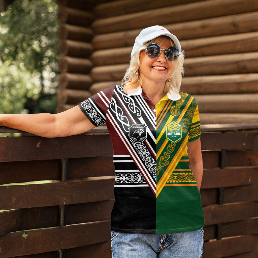 Custom Rugby New Zealand and Australia Women Polo Shirt Burgundy Koru Geometric with Aboriginal Chevron Sport Style