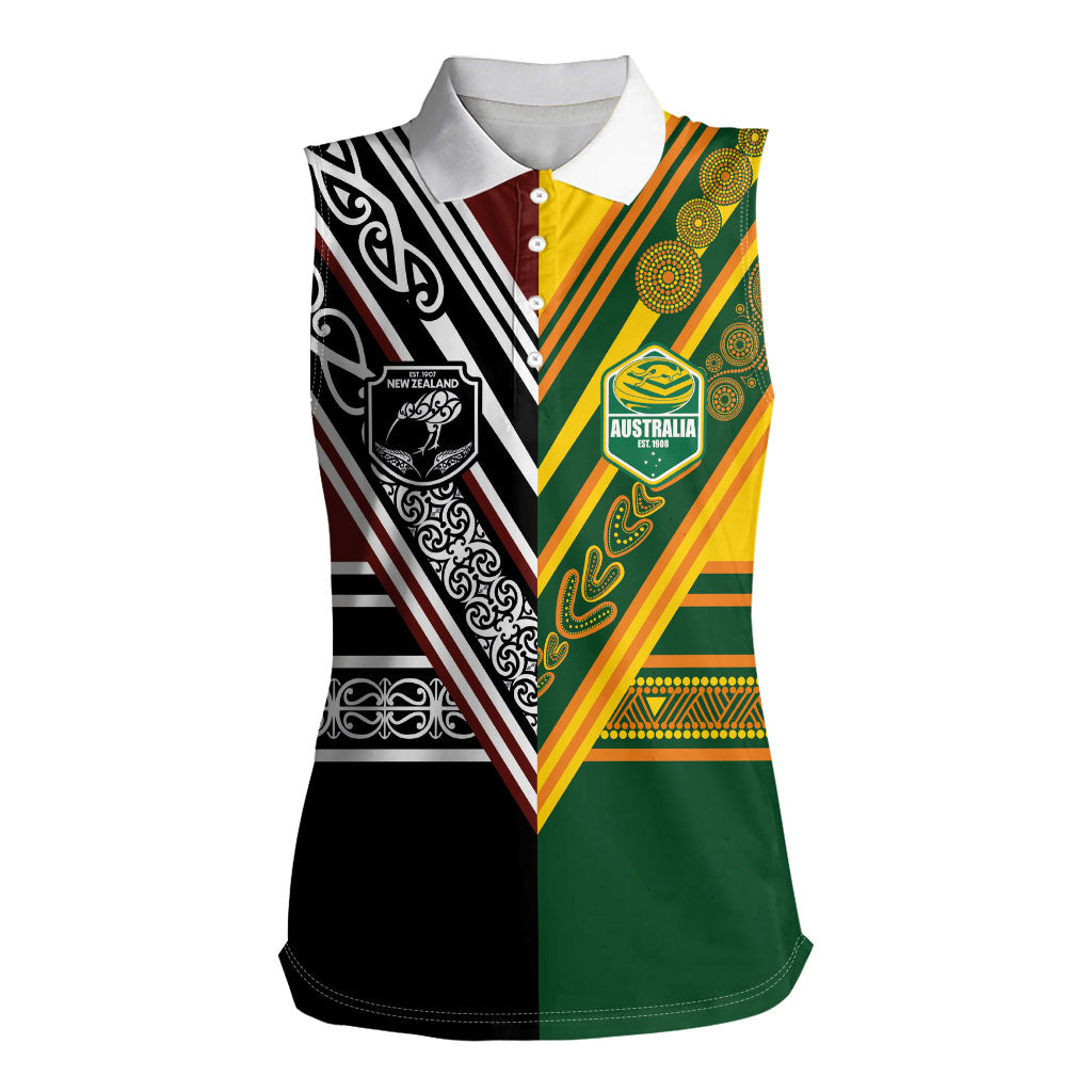 Custom Rugby New Zealand and Australia Women Sleeveless Polo Shirt Burgundy Koru Geometric with Aboriginal Chevron Sport Style