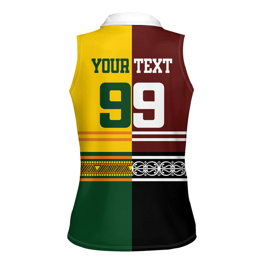 Custom Rugby New Zealand and Australia Women Sleeveless Polo Shirt Burgundy Koru Geometric with Aboriginal Chevron Sport Style