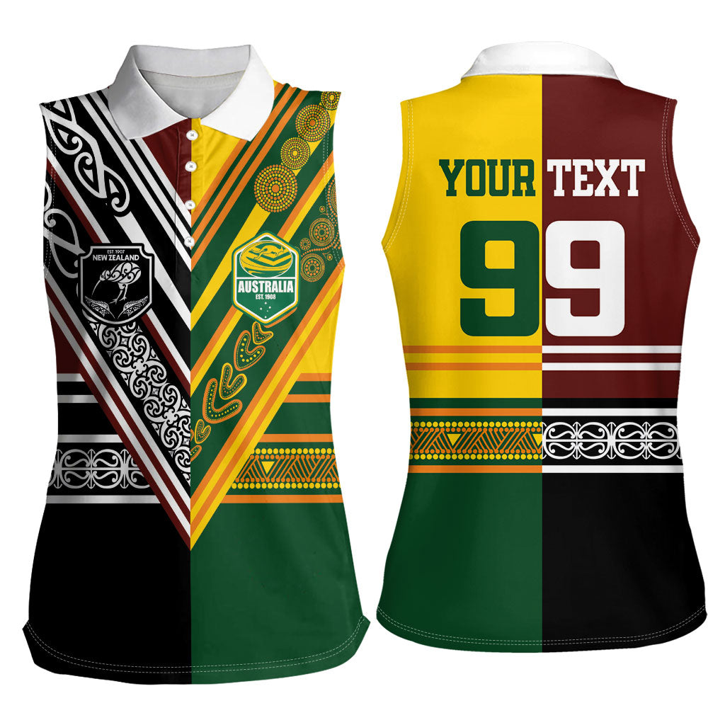 Custom Rugby New Zealand and Australia Women Sleeveless Polo Shirt Burgundy Koru Geometric with Aboriginal Chevron Sport Style
