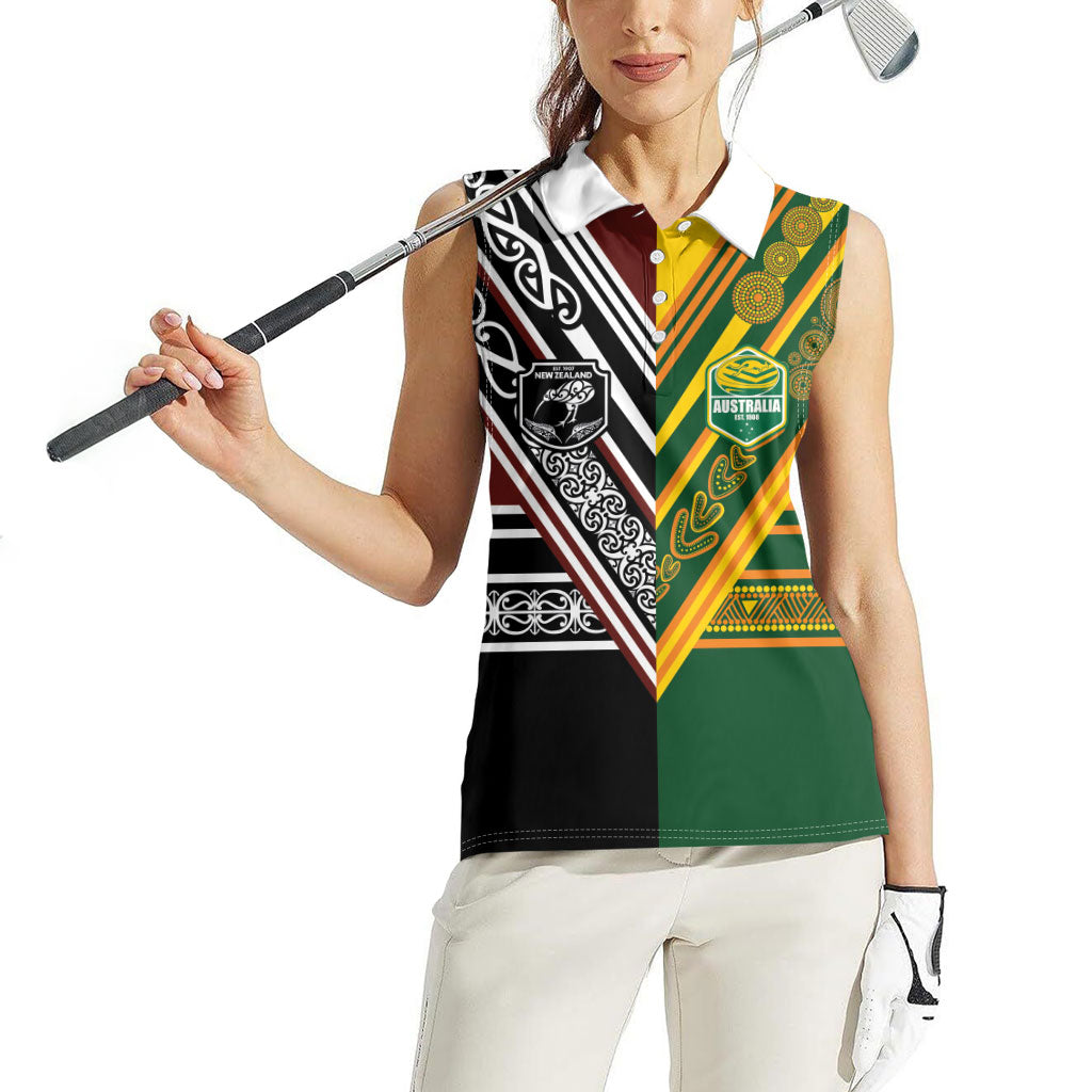 Custom Rugby New Zealand and Australia Women Sleeveless Polo Shirt Burgundy Koru Geometric with Aboriginal Chevron Sport Style