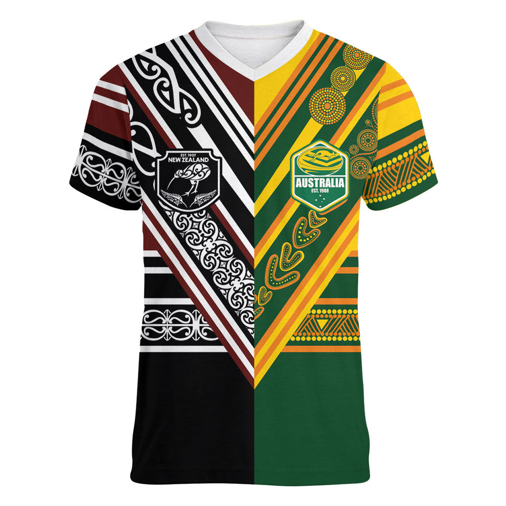 Custom Rugby New Zealand and Australia Women V-Neck T-Shirt Burgundy Koru Geometric with Aboriginal Chevron Sport Style
