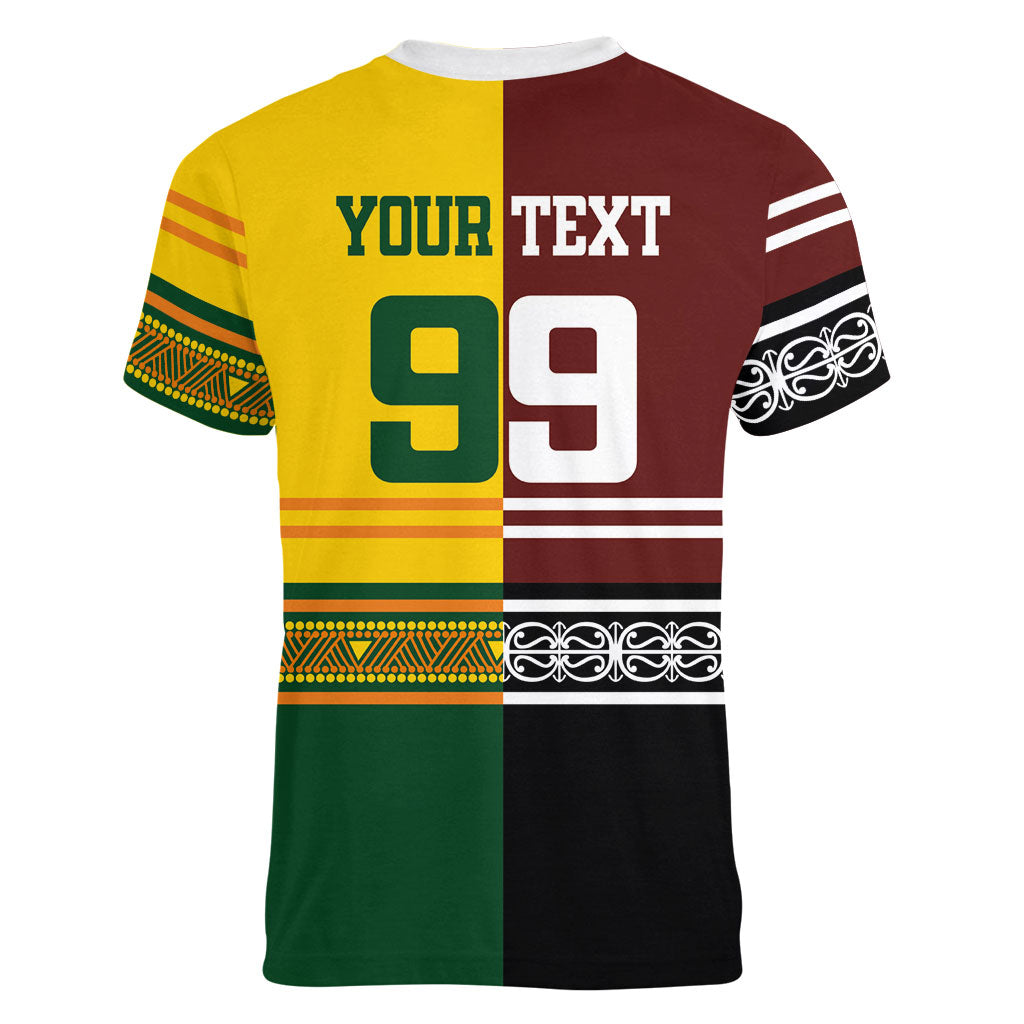 Custom Rugby New Zealand and Australia Women V-Neck T-Shirt Burgundy Koru Geometric with Aboriginal Chevron Sport Style