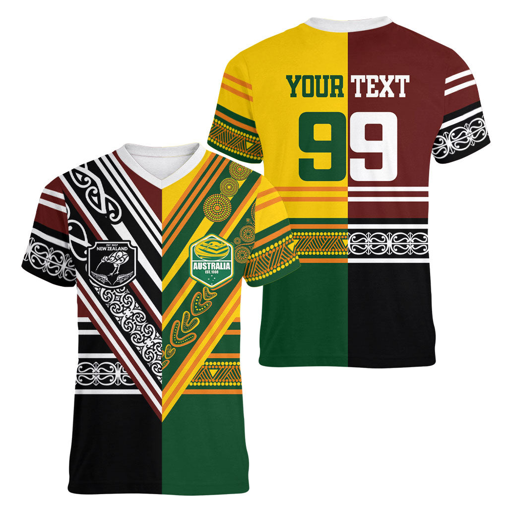 Custom Rugby New Zealand and Australia Women V-Neck T-Shirt Burgundy Koru Geometric with Aboriginal Chevron Sport Style