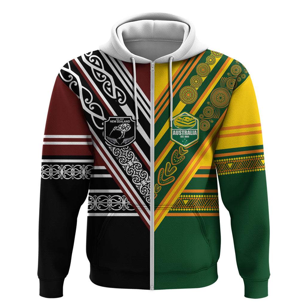 Custom Rugby New Zealand and Australia Zip Hoodie Burgundy Koru Geometric with Aboriginal Chevron Sport Style