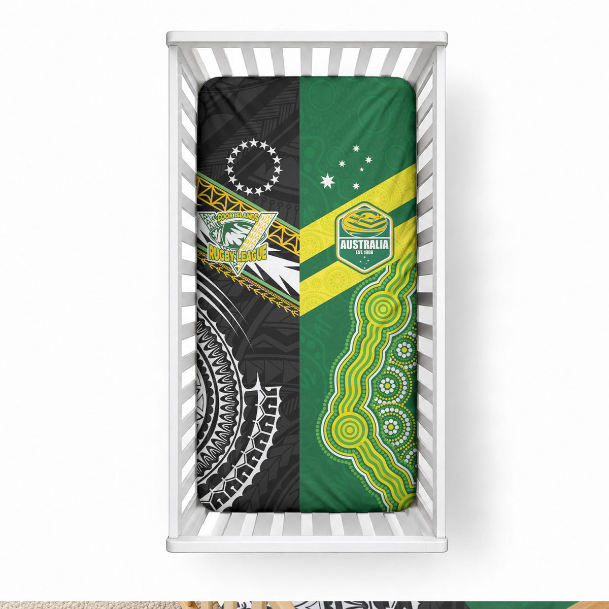 Rugby Cook Islands and Australia Baby Bed Cover Tatau Tribal with Aboriginal Chevron Sport Style