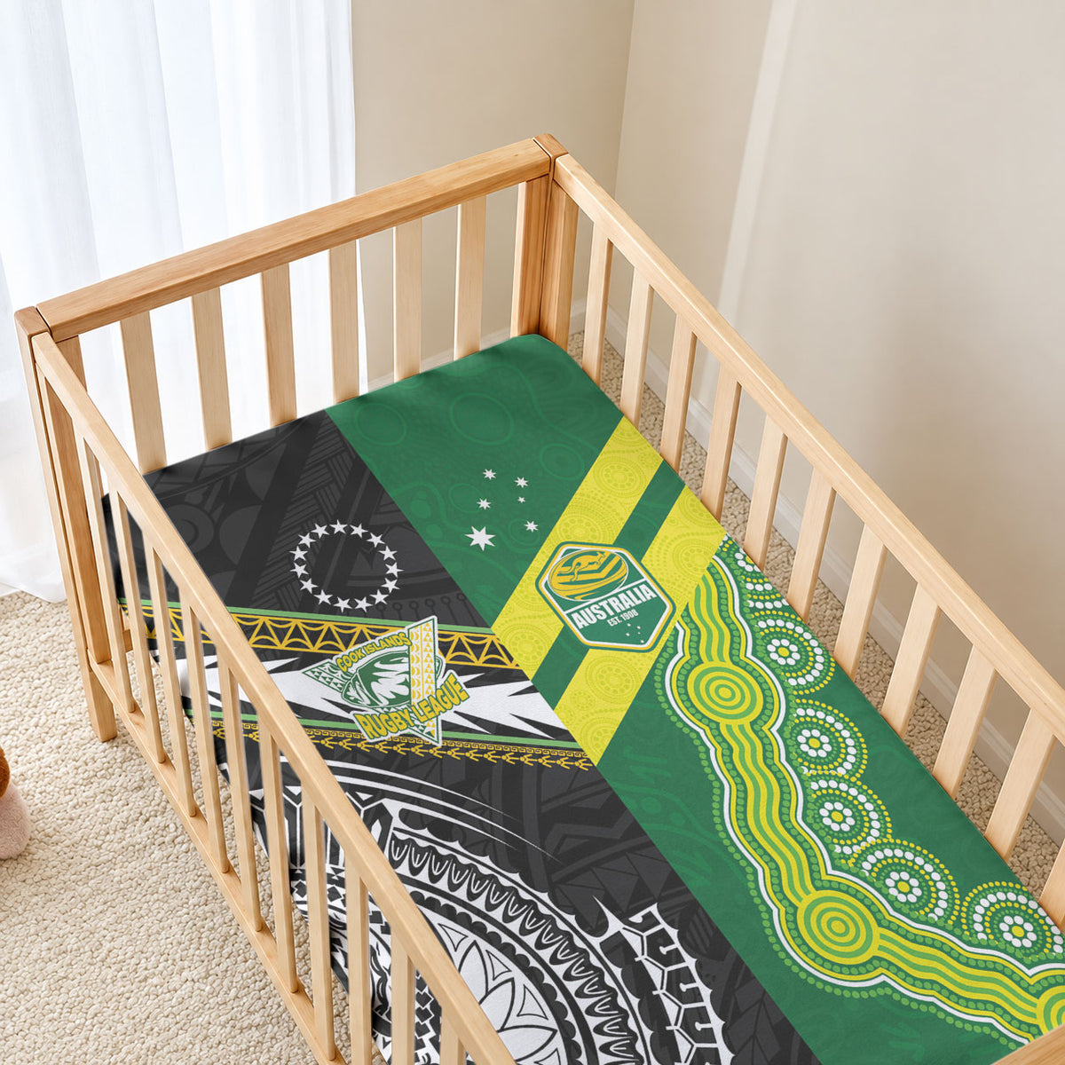 Rugby Cook Islands and Australia Baby Bed Cover Tatau Tribal with Aboriginal Chevron Sport Style