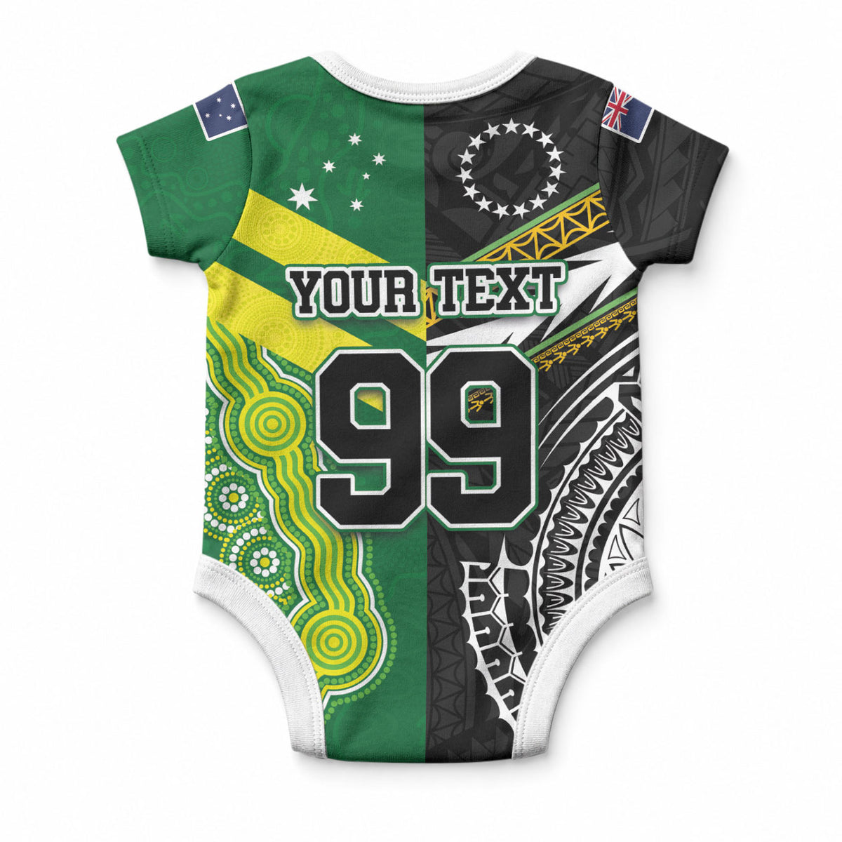 Custom Rugby Cook Islands and Australia Baby Onesie Tatau Tribal with Aboriginal Chevron Sport Style