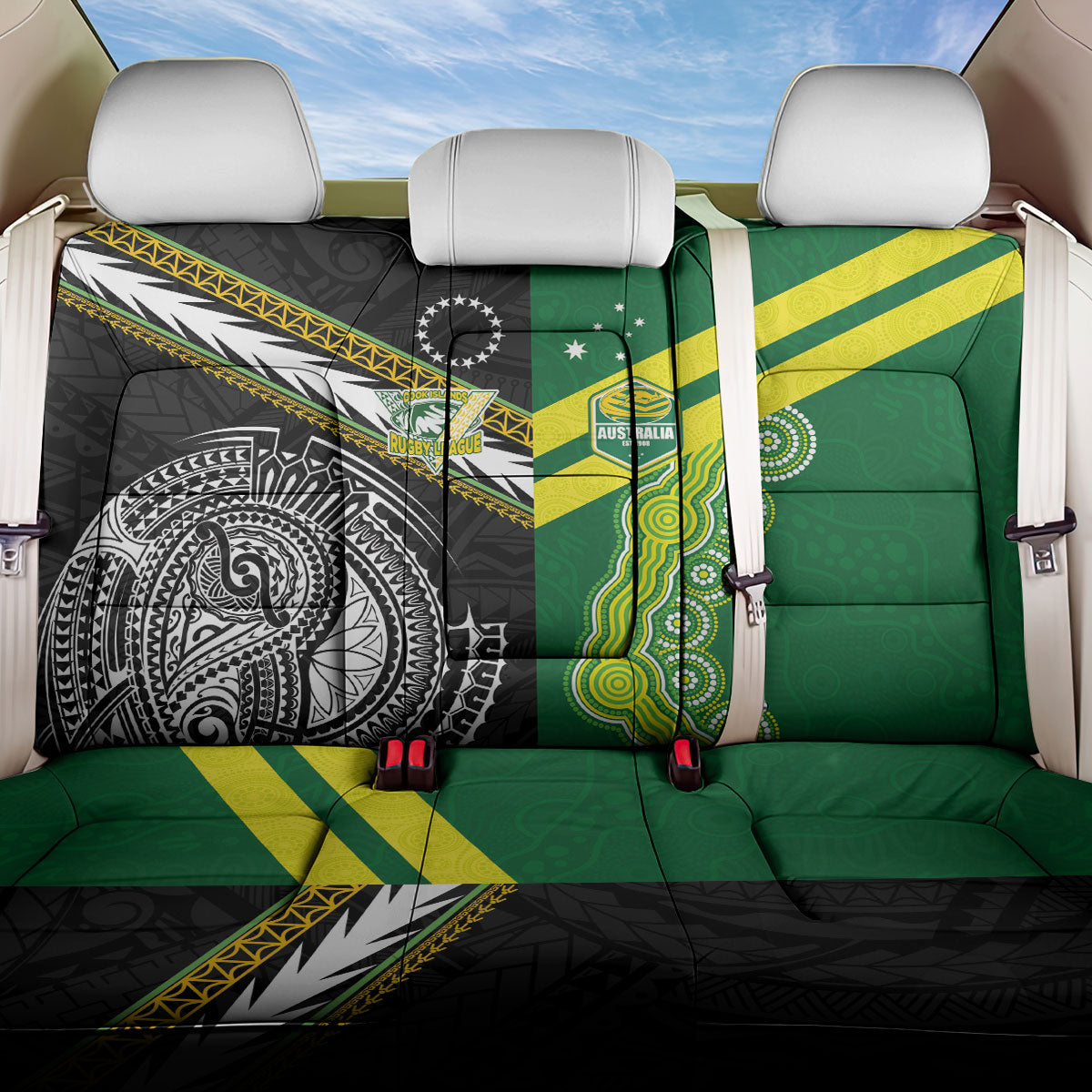 Rugby Cook Islands and Australia Back Car Seat Cover Tatau Tribal with Aboriginal Chevron Sport Style
