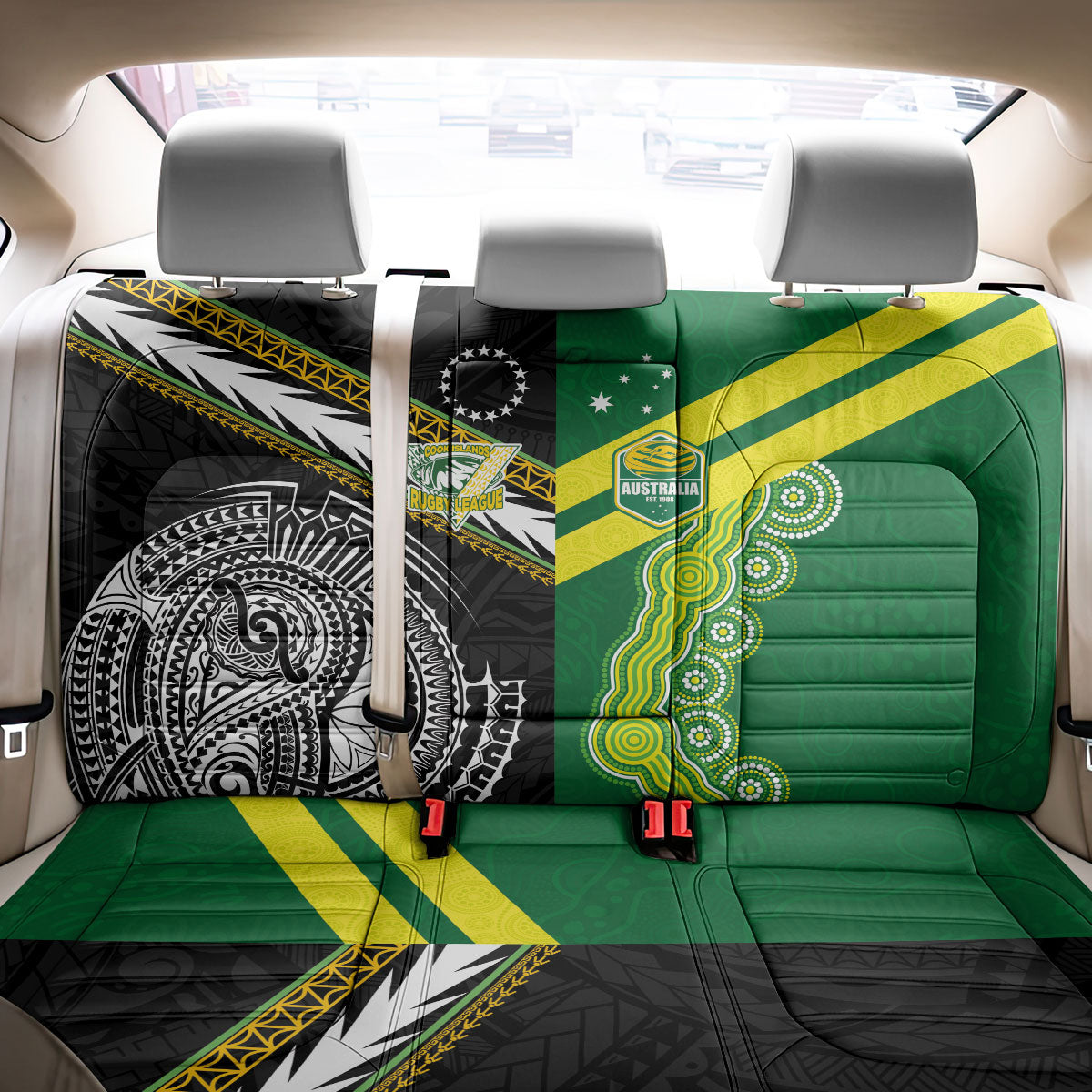 Rugby Cook Islands and Australia Back Car Seat Cover Tatau Tribal with Aboriginal Chevron Sport Style