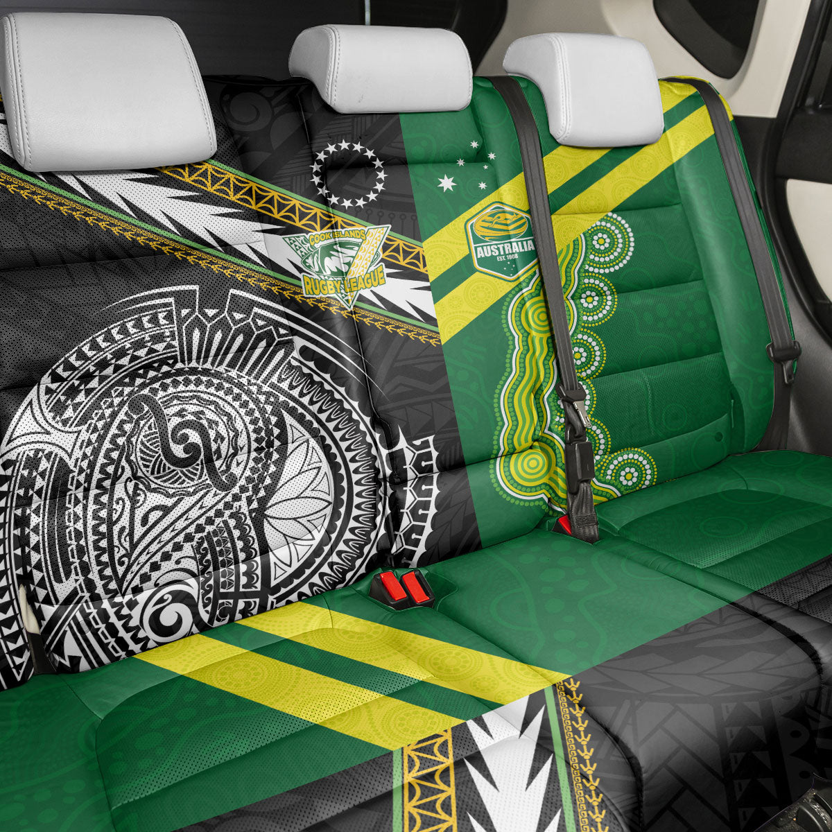 Rugby Cook Islands and Australia Back Car Seat Cover Tatau Tribal with Aboriginal Chevron Sport Style