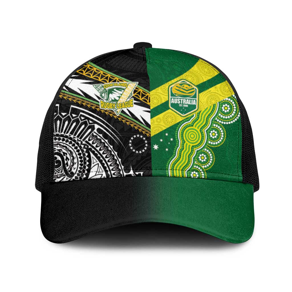 Cook Islands and Australia Rugby Baseball Net Cap Tatau Tribal with Aboriginal Chevron Sport Style