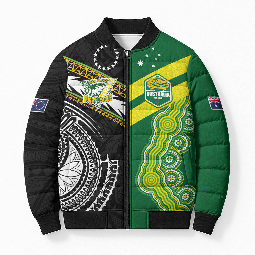 Custom Rugby Cook Islands and Australia Bomber Puffer Jacket Tatau Tribal with Aboriginal Chevron Sport Style
