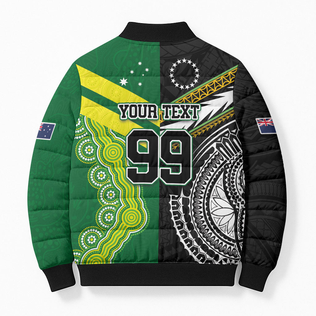 Custom Rugby Cook Islands and Australia Bomber Puffer Jacket Tatau Tribal with Aboriginal Chevron Sport Style