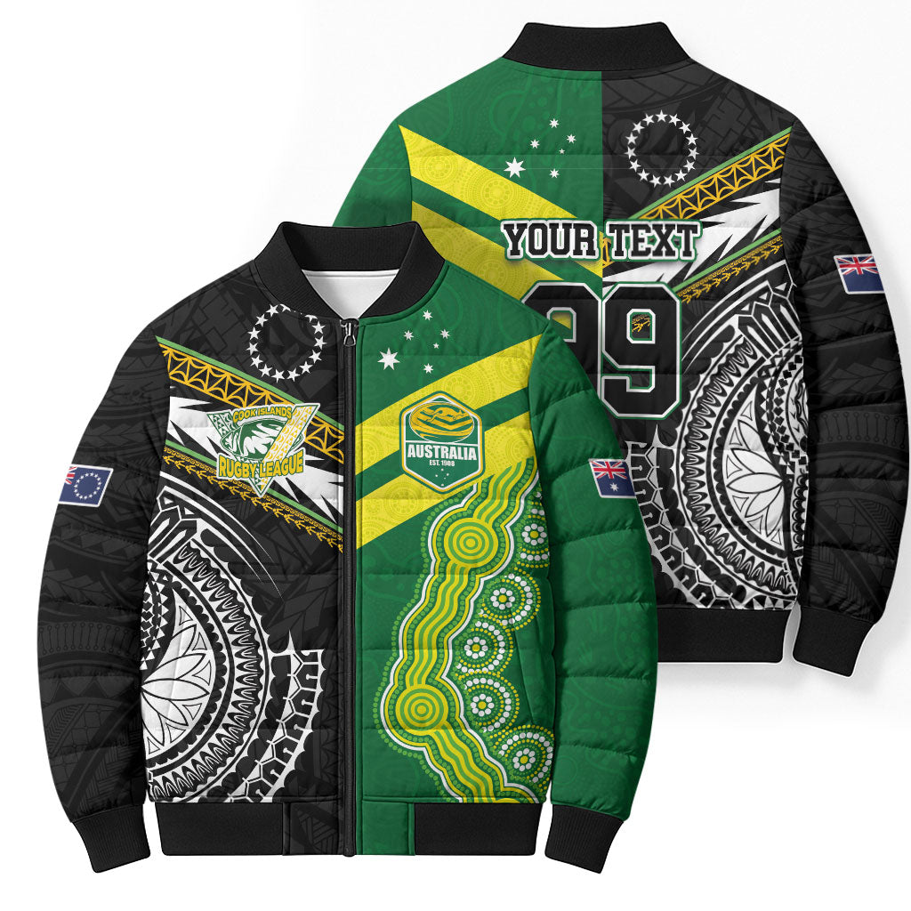 Custom Rugby Cook Islands and Australia Bomber Puffer Jacket Tatau Tribal with Aboriginal Chevron Sport Style