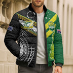 Custom Rugby Cook Islands and Australia Bomber Puffer Jacket Tatau Tribal with Aboriginal Chevron Sport Style