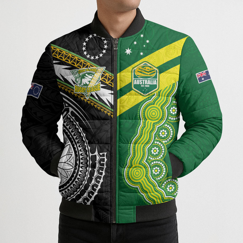 Custom Rugby Cook Islands and Australia Bomber Puffer Jacket Tatau Tribal with Aboriginal Chevron Sport Style