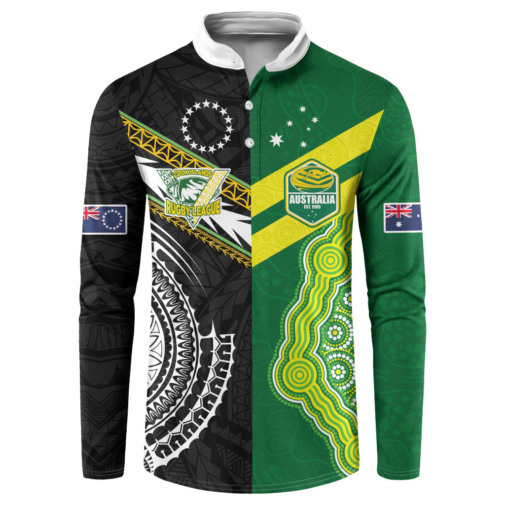 Custom Rugby Cook Islands and Australia Button Sweatshirt Tatau Tribal with Aboriginal Chevron Sport Style