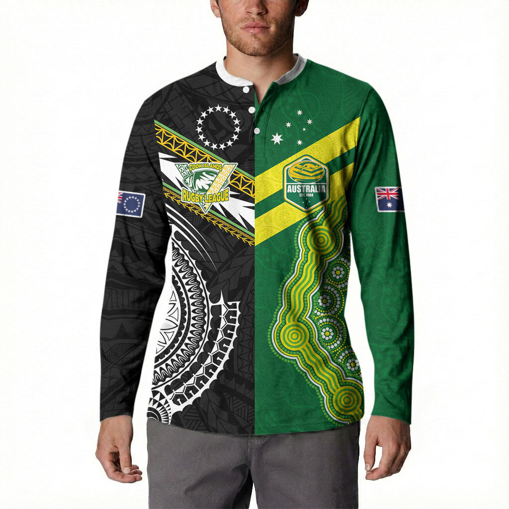 Custom Rugby Cook Islands and Australia Button Sweatshirt Tatau Tribal with Aboriginal Chevron Sport Style
