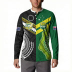 Custom Rugby Cook Islands and Australia Button Sweatshirt Tatau Tribal with Aboriginal Chevron Sport Style
