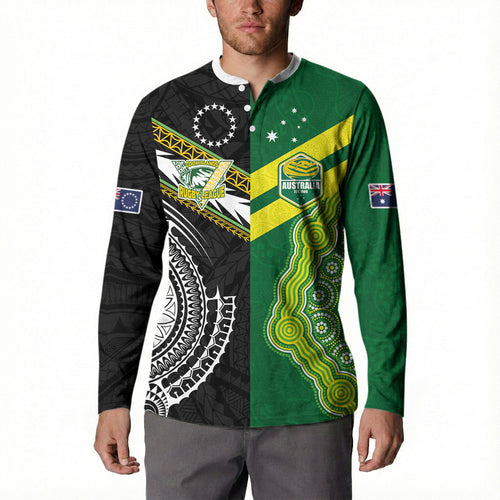 Custom Rugby Cook Islands and Australia Button Sweatshirt Tatau Tribal with Aboriginal Chevron Sport Style