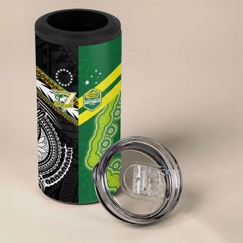 Custom Rugby Cook Islands and Australia 4 in 1 Can Cooler Tumbler Tatau Tribal with Aboriginal Chevron Sport Style