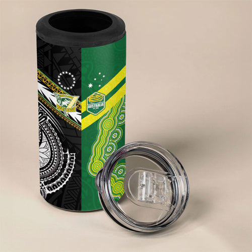 Custom Rugby Cook Islands and Australia 4 in 1 Can Cooler Tumbler Tatau Tribal with Aboriginal Chevron Sport Style