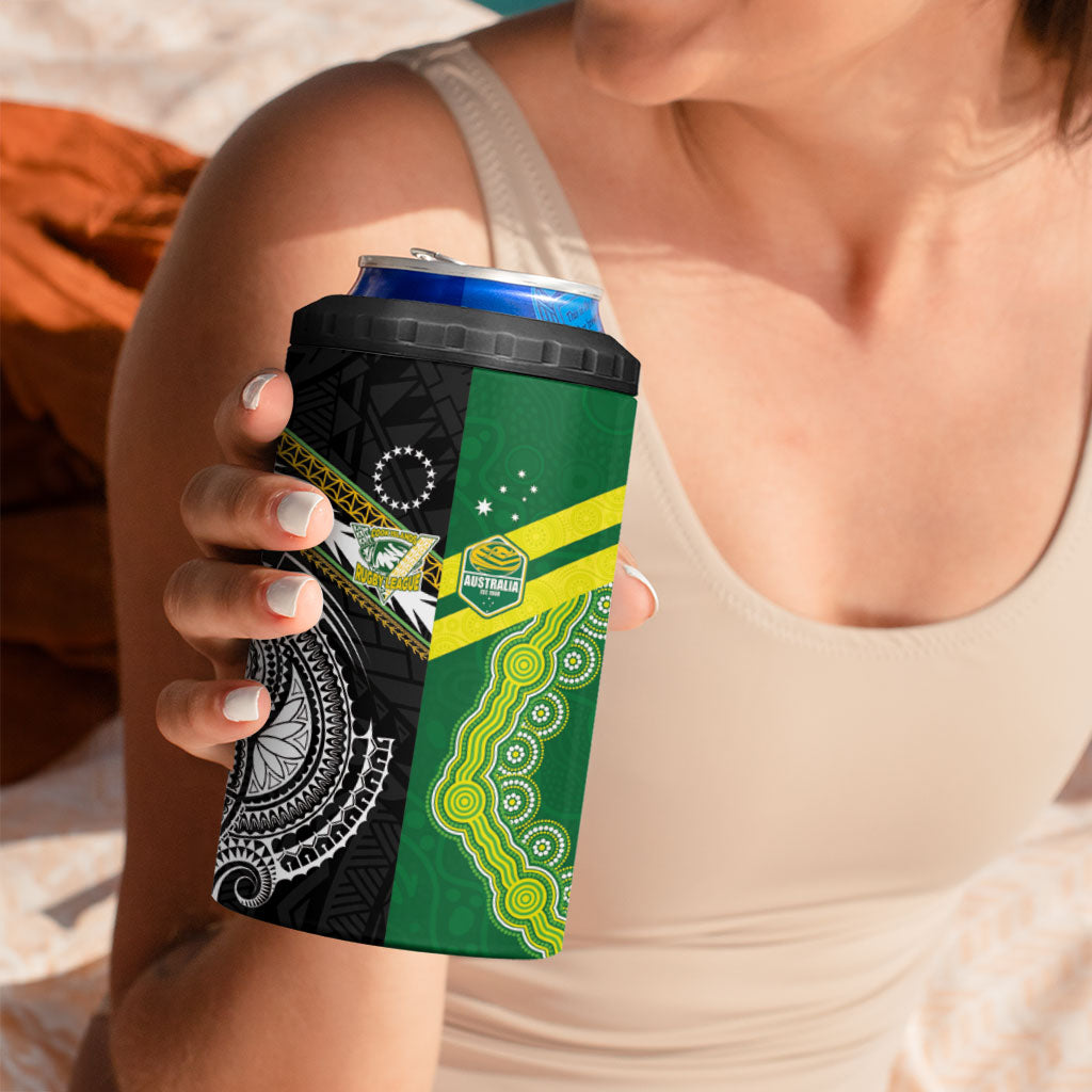 Custom Rugby Cook Islands and Australia 4 in 1 Can Cooler Tumbler Tatau Tribal with Aboriginal Chevron Sport Style