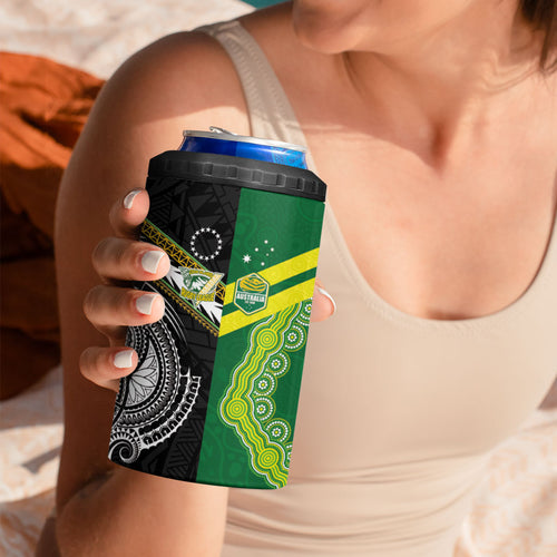 Custom Rugby Cook Islands and Australia 4 in 1 Can Cooler Tumbler Tatau Tribal with Aboriginal Chevron Sport Style