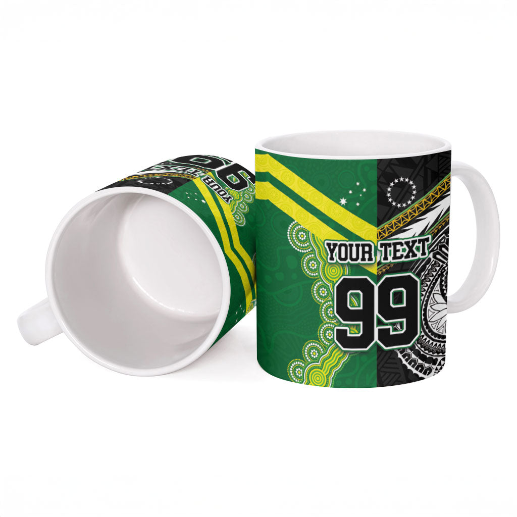Custom Rugby Cook Islands and Australia Ceramic Mug Tatau Tribal with Aboriginal Chevron Sport Style
